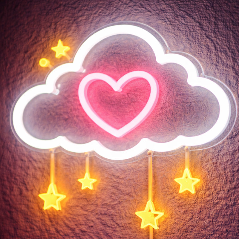 Cloud & Heart Neon Sign with Hanging Stars – Romantic LED Wall Light