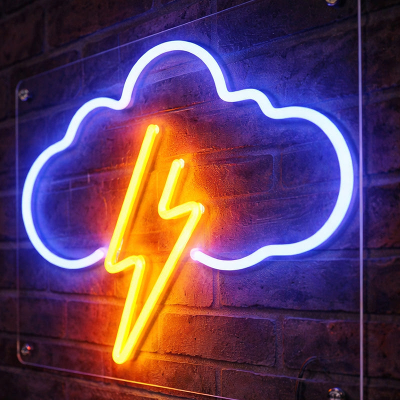 Cloud & Lightning LED Neon Sign – Blue and Yellow Acrylic Wall Light