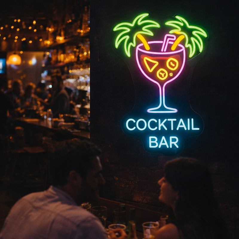 Cocktail Bar LED Neon Sign with Tropical Palm and Glass Design for Lounge, Pub and Wall Decoration