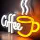 Coffee Cup Neon Sign – Warm Yellow & White LED Café Wall Light