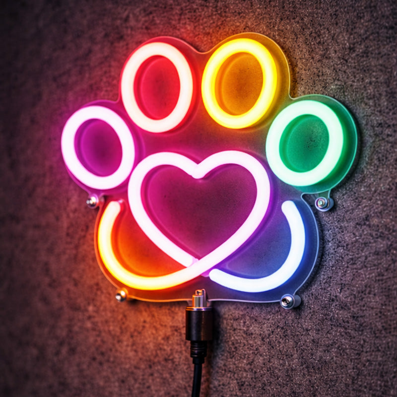 Colorful Paw & Heart Neon Sign – Cute Multicolor LED Wall Light for Pet Lovers