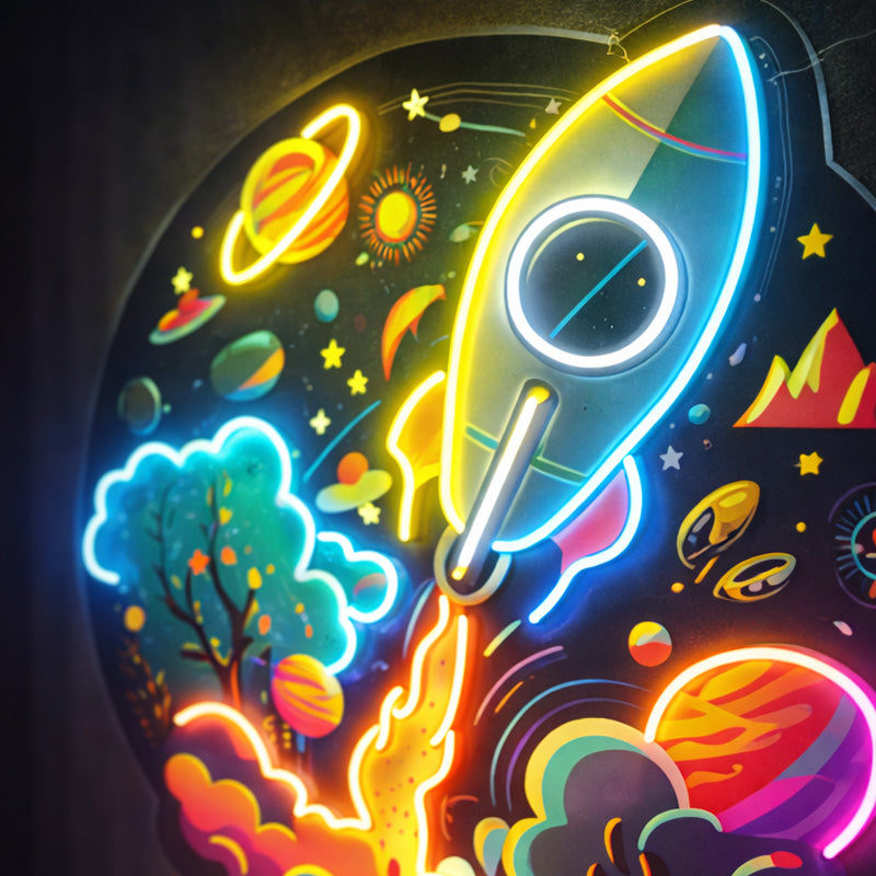 Colorful Rocket Launch Neon LED Wall Art – Space Theme Neon Sign