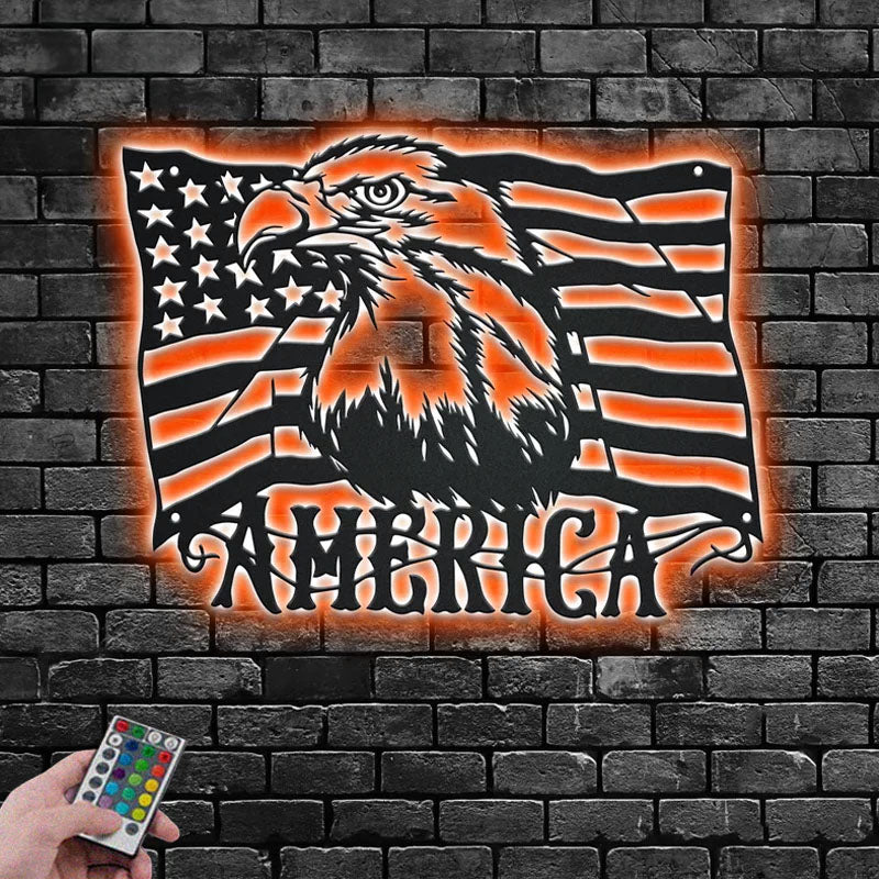 Custom Name American Eagle Flag Sign Decoration For Living Room, Metal Wall Signs With RGB Led Light