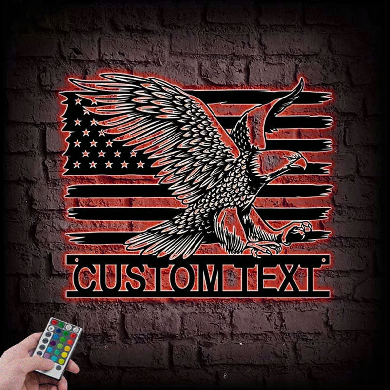 Custom Name American Flag Eagle Metal Wall Art, Metal Wall Signs With RGB Led Light
