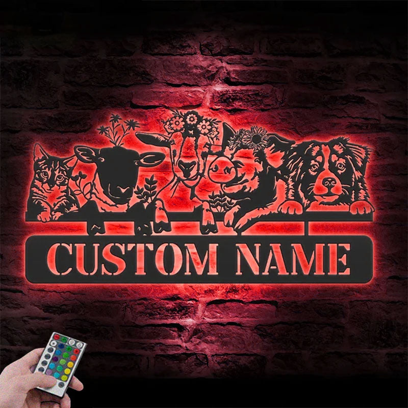 Custom Name Animal Livestock Name Sign Home Decor Farm Barn, Metal Wall Signs With RGB Led Light