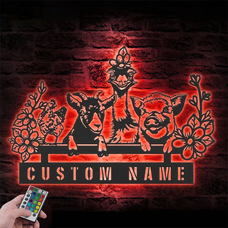 Custom Name Animal Livestock Name Sign Home Farm Barn, Metal Wall Signs With RGB Led Light