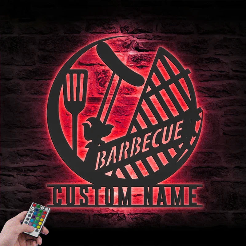 Custom Name BBQ Grill Metal Wall Signs With RGB Led Light