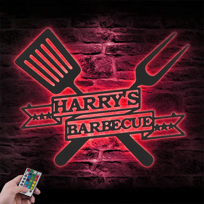 Custom Name Backyard BBQ Metal Wall Signs With RGB Led Light