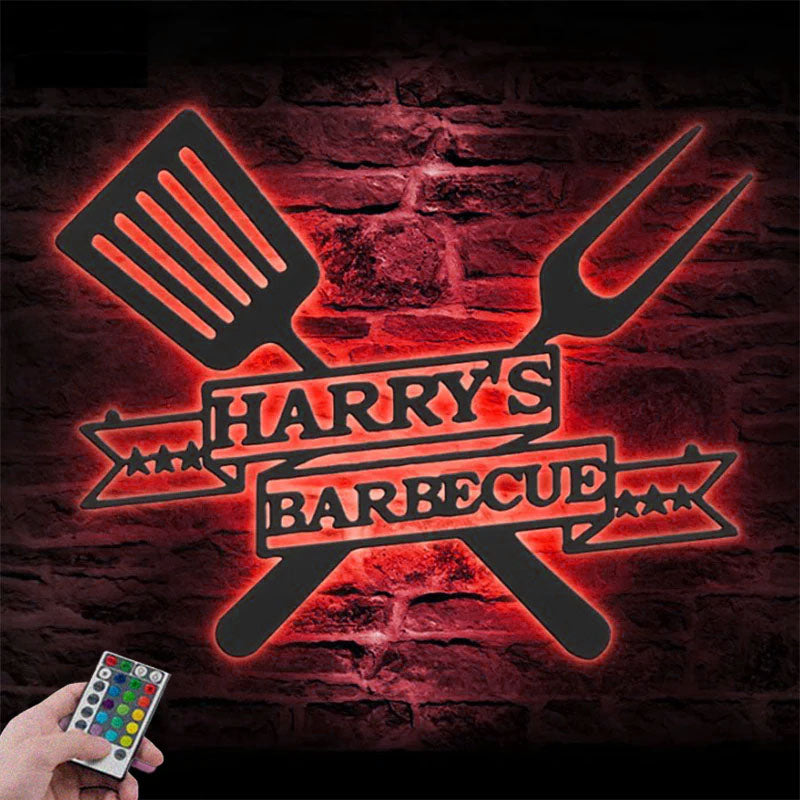 Custom Name Backyard BBQ Name Sign Home Decor Barbecue, Metal Wall Signs With RGB Led Light