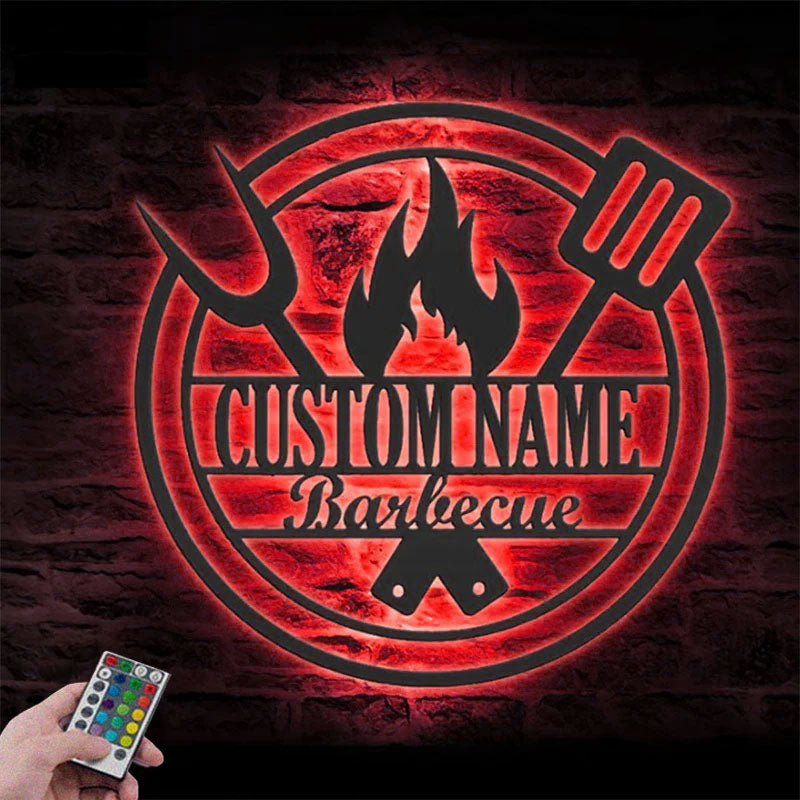 Custom Name Backyard BBQ Name Sign Home Decor Barbecue, Metal Wall Signs With RGB Led Light