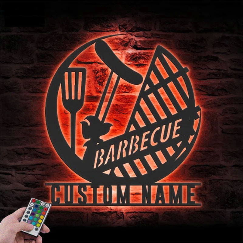 Custom Name Backyard BBQ Name Sign Home Decor Barbecue, Metal Wall Signs With RGB Led Light