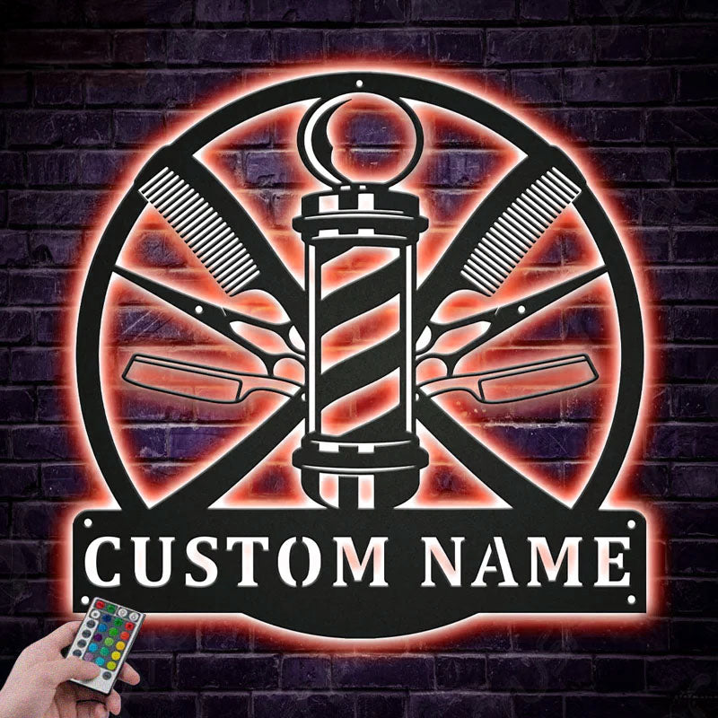 Custom Name Barber Hair Stylist, Metal Wall Signs With RGB Led Light