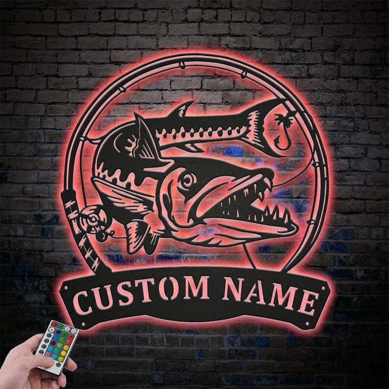 Custom Name Barracudas Fishing Fish Pole Metal Wall Signs With RGB Led Light