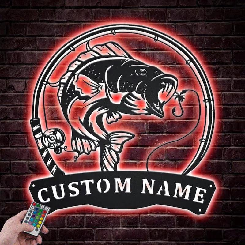 Custom Name Bass Fishing Metal Wall Signs With RGB Led Light