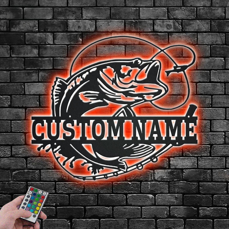 Custom Name Bass Fishing Name Sign Decoration For Room, Metal Wall Signs With RGB Led Light