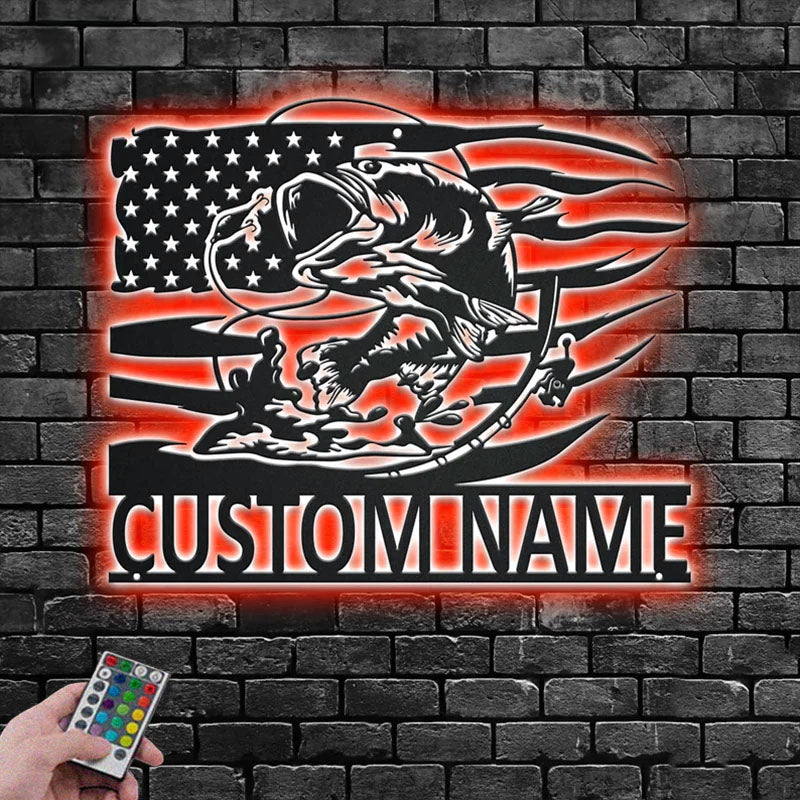 Custom Name Bass Fishing Name Sign Decoration For Room,Metal Wall Signs With RGB Led Light