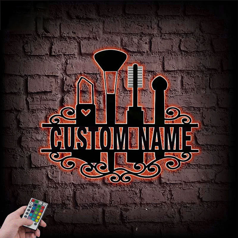 Custom Name Beauty Cosmetics And Makeup Salon, Metal Wall Signs With RGB Led Light