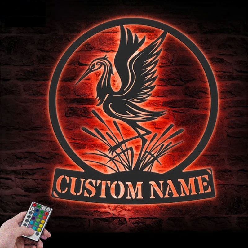 Custom Name Blue Heron Lover Name Sign Home Decor, Metal Wall Signs With RGB Led Light