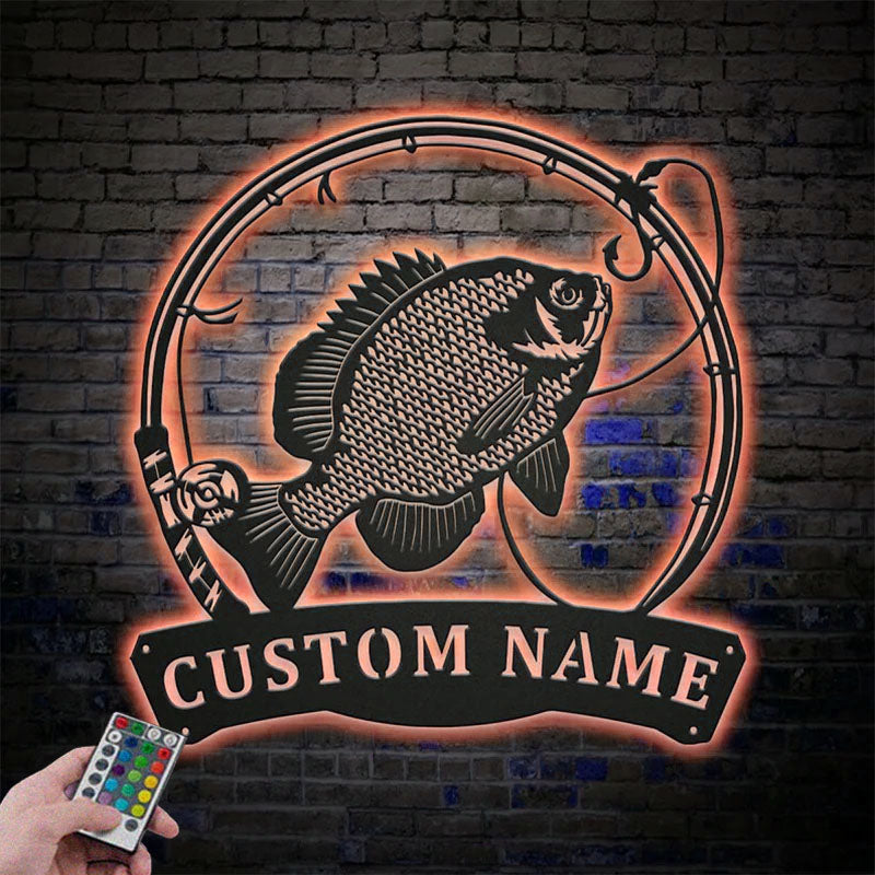 Custom Name Bluegill Fishing Fish Pole Metal Wall Signs With RGB Led Light