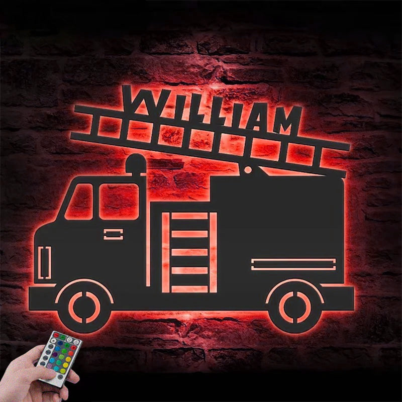 Custom Name Boy Vehicle Firetruck Name Sign Home Decor Metal Wall Signs With RGB Led Light