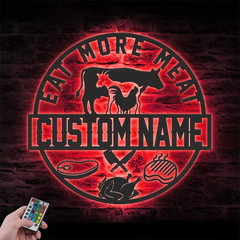 Custom Name Butcher Shop Metal Wall Signs With RGB Led Light