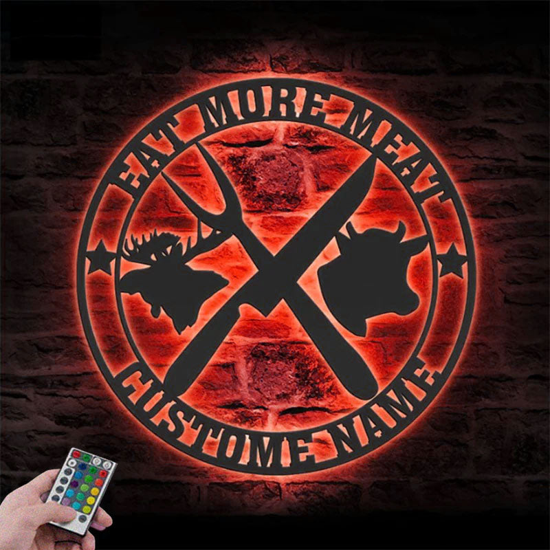 Custom Name Butcher Shop Name Sign Decor Barbecue BBQ, Metal Wall Signs With RGB Led Light