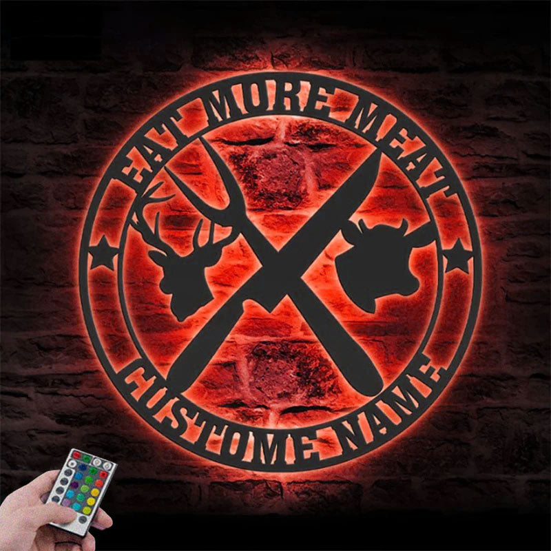 Custom Name Butcher Shop Name Sign Decor Barbecue, Metal Wall Signs With RGB Led Light