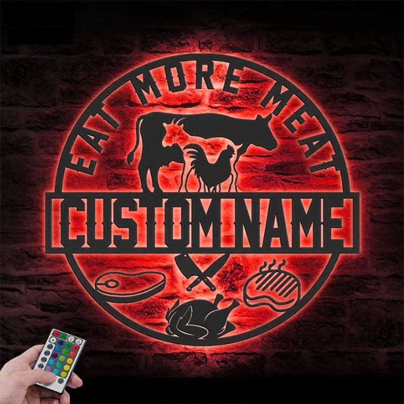 Custom Name Butcher Shop Name Sign Home Decor Barbecue, Metal Wall Signs With RGB Led Light