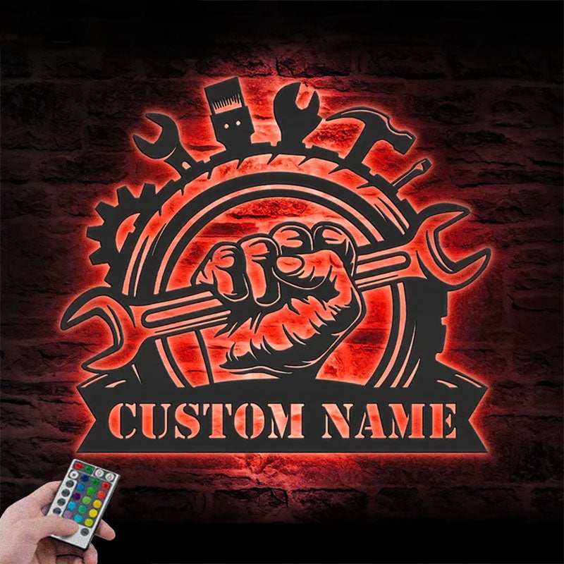 Custom Name Car Mechanic Handyman Name Sign Home Decor Metal Wall Signs With RGB Led Light
