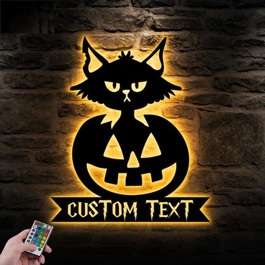 Custom Name Cat Pumkin, Metal Wall Signs With RGB Led Light