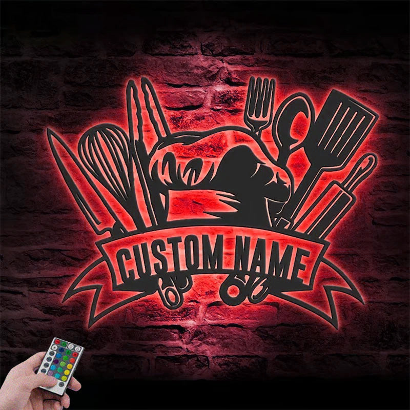 Custom Name Chef Tools Metal Wall Signs With RGB Led Light
