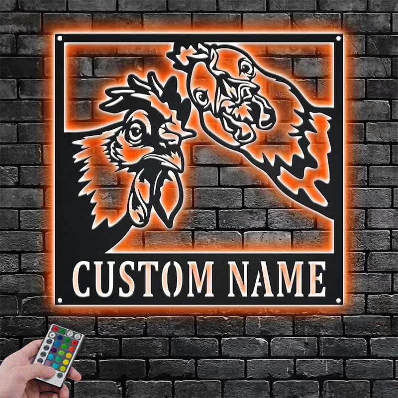 Custom Name Chicken Farm Name Sign Decoration For Room, Metal Wall Signs With RGB Led Light