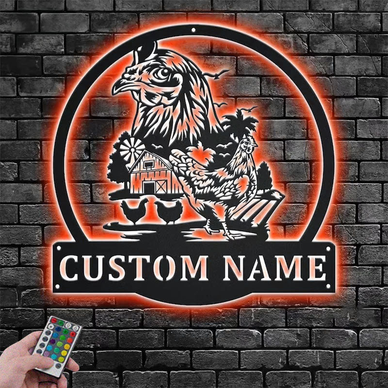 Custom Name Chicken Farm Name Sign Decoration For Room, Metal Wall Signs With RGB Led Light