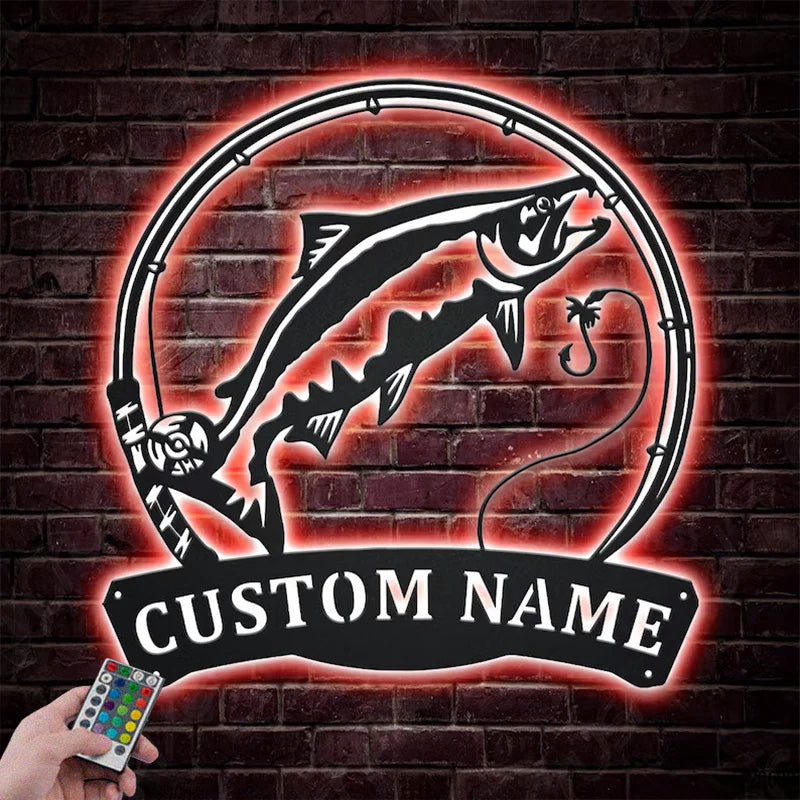 Custom Name Chinook Salmon Fish Pole Metal Wall Signs With RGB Led Light