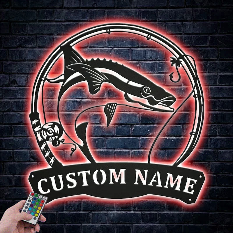 Custom Name Cobia Fishing Fish Pole Metal Wall Signs With RGB Led Light