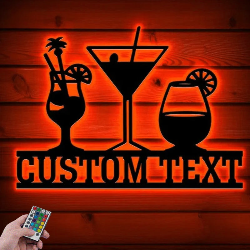 Custom Name Cocktail Bar Sign Wall Art With RGB Led Lights