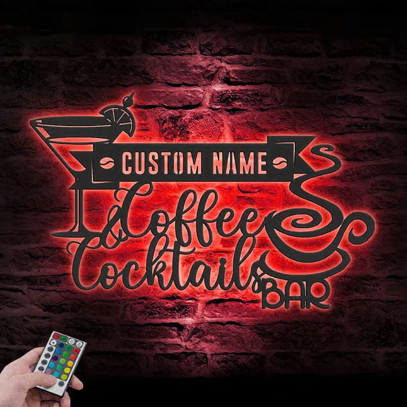 Custom Name Coffee Lover Name Sign Home Decor Kitchen Metal Wall Signs With RGB Led Light