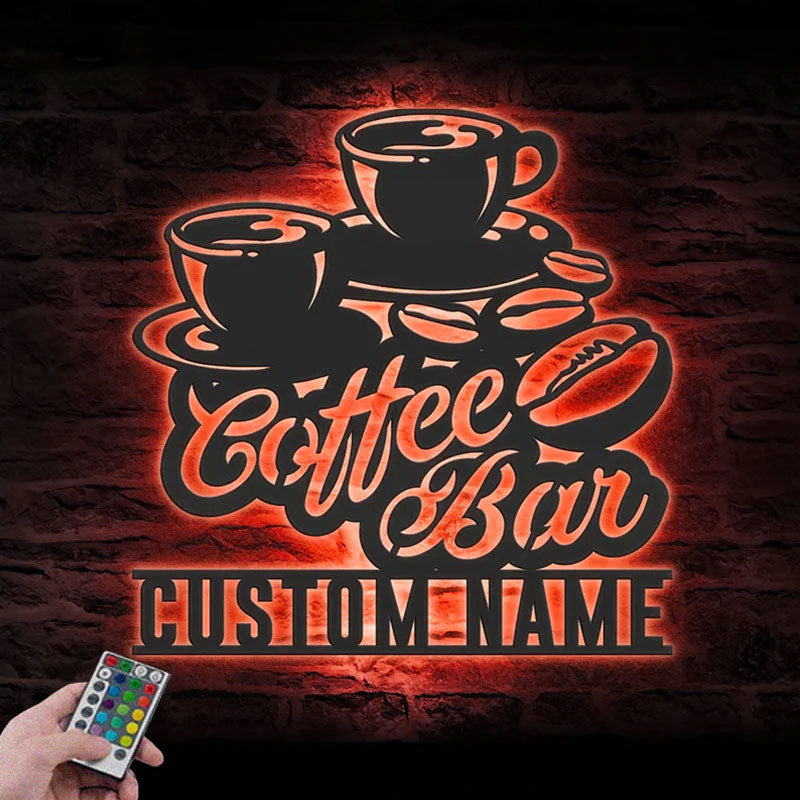 Custom Name Coffee Lover Name Sign Home Decor Kitchen Metal Wall Signs With RGB Led Light