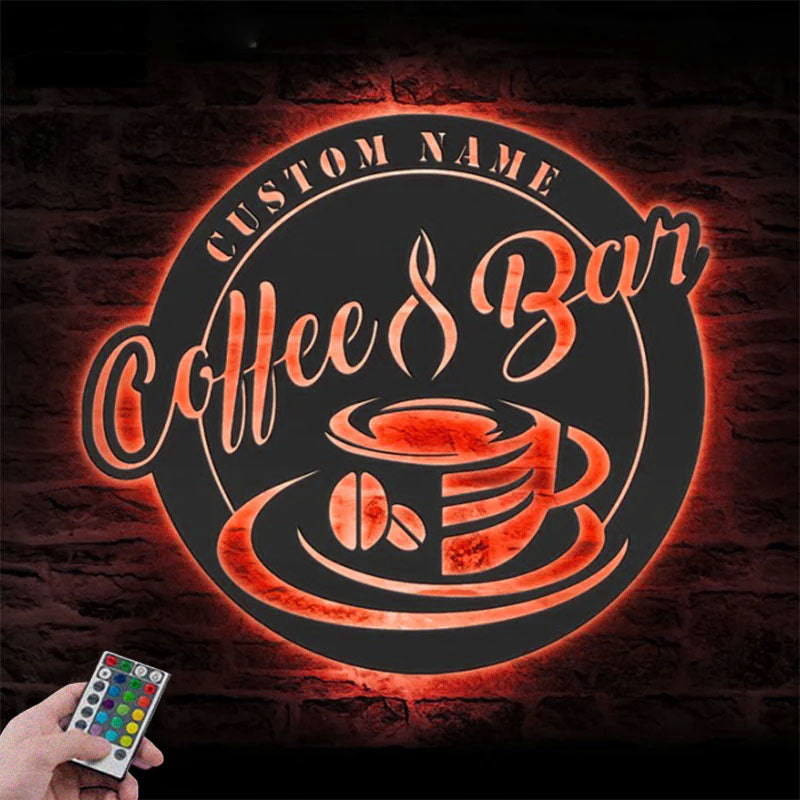 Custom Name Coffee Lover Name Sign Home Decor Kitchen, Metal Wall Signs With RGB Led Light