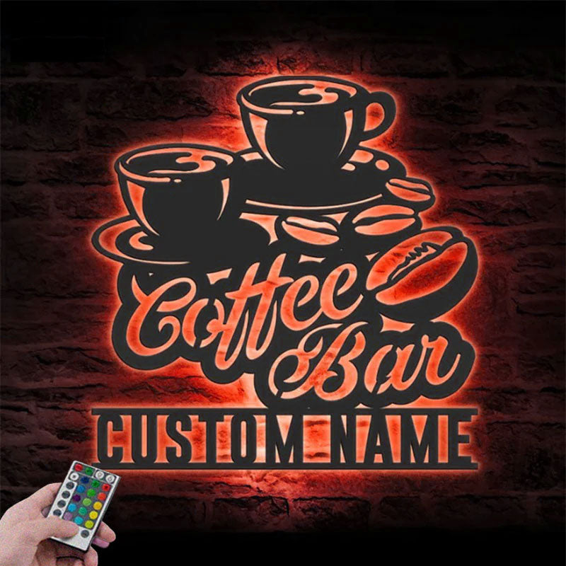 Custom Name Coffee Lover Name Sign Home Decor Kitchen, Metal Wall Signs With RGB Led Light