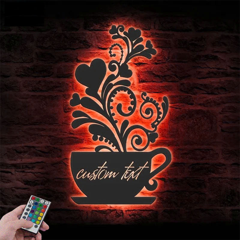 Custom Name Coffee Lover Name Sign Home Decor Kitchen, Metal Wall Signs With RGB Led Light