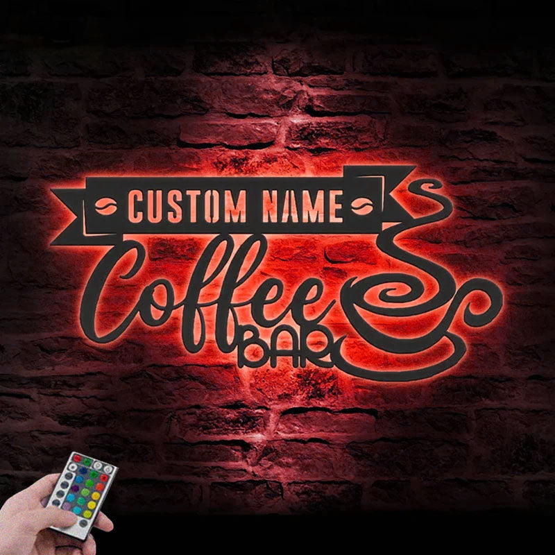 Custom Name Coffee Lover Name Sign Home Decor Metal Wall Signs With RGB Led Light