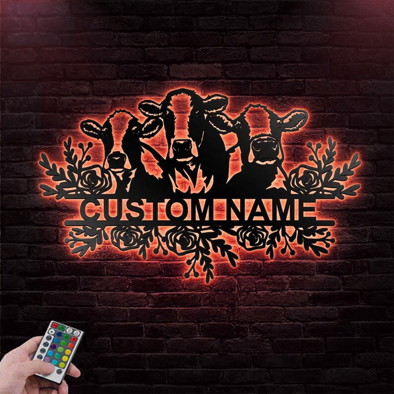 Custom Name Cow Metal Art Wall Decor, Diary Farm Indoor, Metal Wall Signs With RGB Led Light