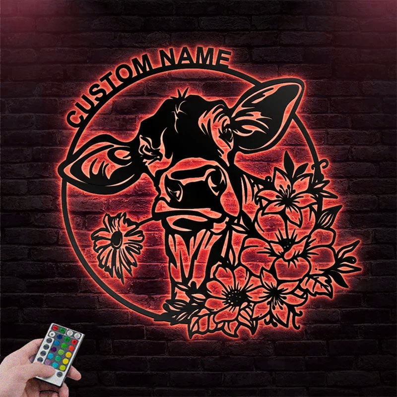Custom Name Cow Metal Art Wall Decor, Diary Farm Indoor, Outdoor Decor, Metal Wall Signs With RGB Led Light