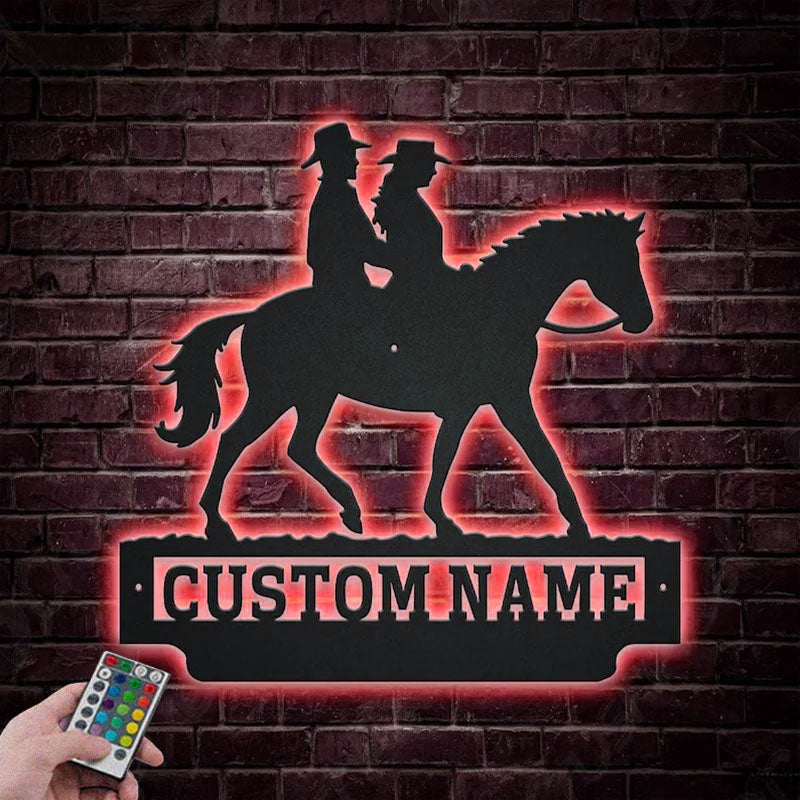 Custom Name Cowboy and Cowgirl Riding A Horse, Metal Wall Signs With RGB Led Light