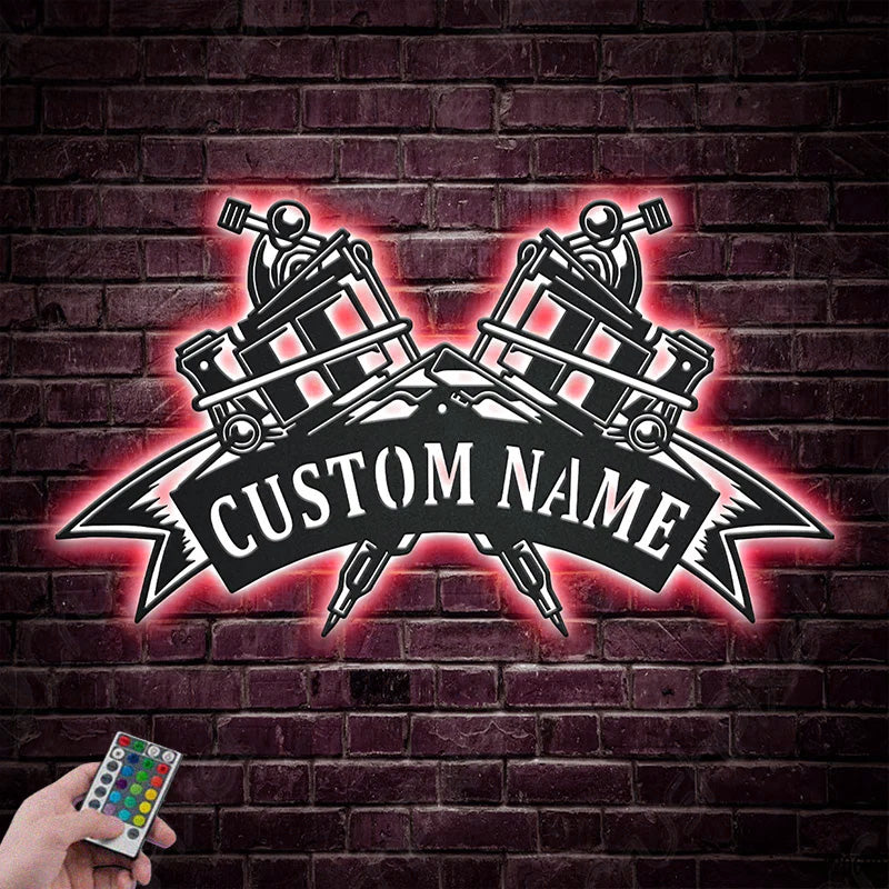 Custom Name Crossed Tattoo Machine Metal Wall Signs With RGB Led Light