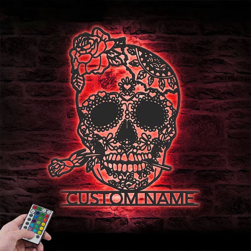 Custom Name Day of the Dead Sign Home Decor Sugar Skull With Rose Metal Wall Signs With RGB Led Light