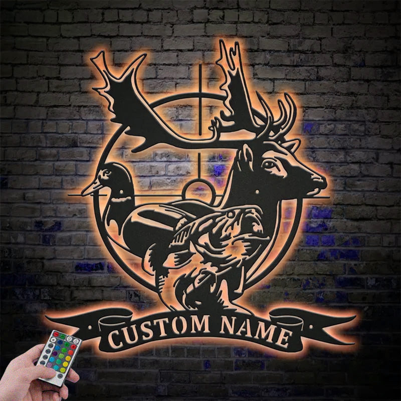 Custom Name Deer Duck Fish Hunting Metal Wall Signs With RGB Led Light
