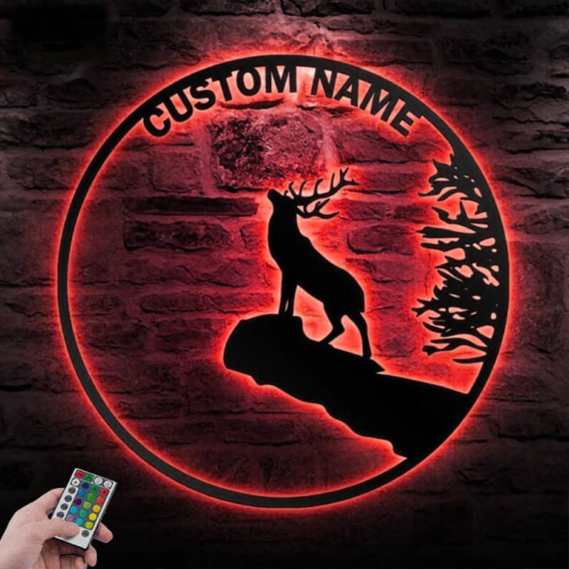 Custom Name Deer and Moon Metal Wall Signs With RGB Led Light