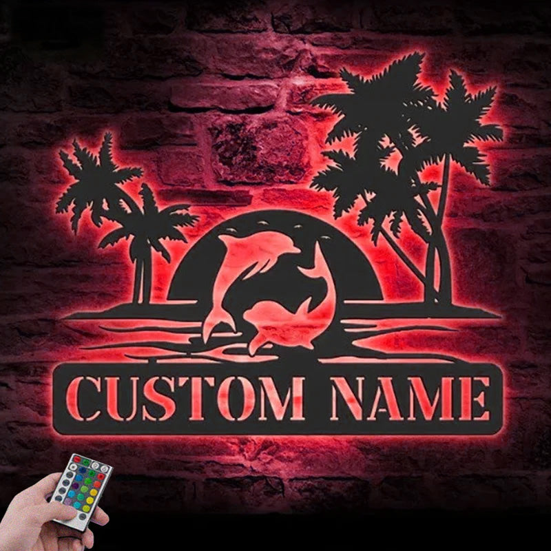 Custom Name Dolphin Couple on Beach in Aurora Metal Wall Signs With RGB Led Light